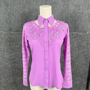 Ann Miller Women's Blouse Size 34 Purple Floral Lace Button-Up Long Sleeve Top